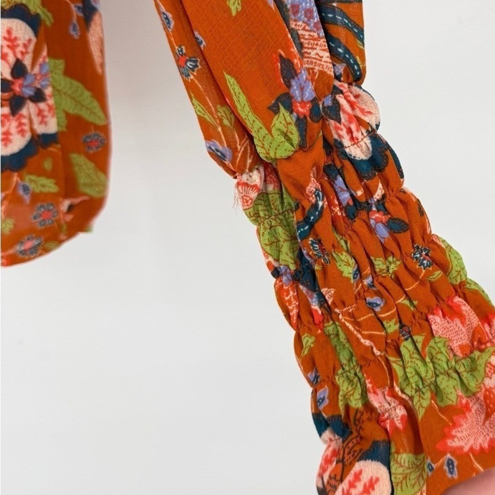 Anthropologie Womens XS Blouse Floral Chiffon Bird Print Ruffle Neck Smocked - Picture 6 of 11